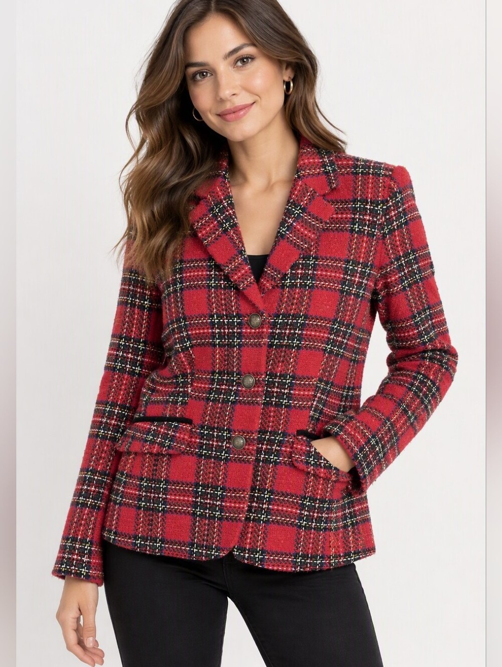 Talbots Wool Red Black Green Plaid Tweed Blazer Jacket Womens 10P Petite